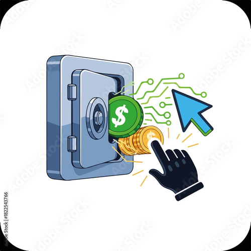 Digital banking with currency and safe deposit box as a concept, open safe with coins. Digital banking is fast, modern, easy and useful. Business with digital banking and savings for modern lifestyle.