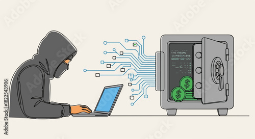 Cyber attack in progress, with hooded hacker typing on laptop near open safe, digital money, and electronic circuit. Cyber attack is serious threat to computer security.