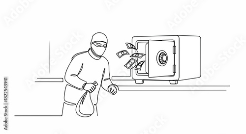 Burglar steals money from safe deposit box in bank, illustrating criminal activity. Burglar is grabbing cash from unlocked safe, showcasing illicit action, risk, danger.