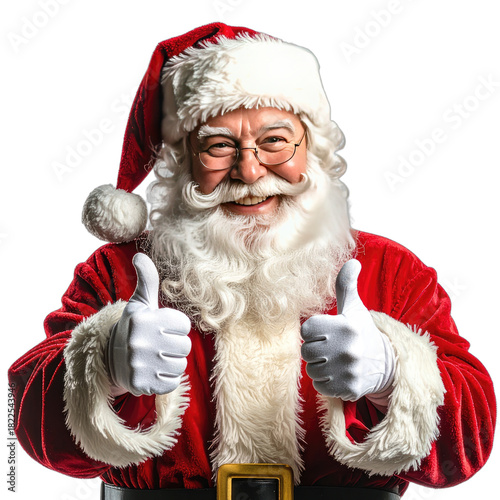 Santa Claus giving a thumbs up with a cheerful smile and red suit.
