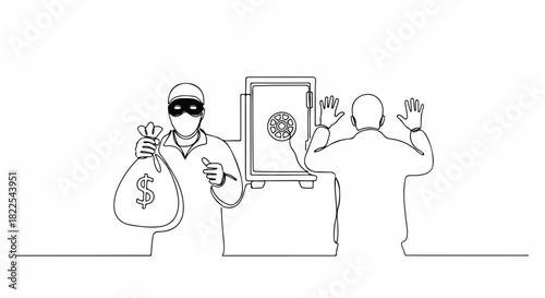Crime scene displays safe and criminal with bag of money. Criminal commits crime scene in bank for successful financial theft, scared manager surrenders. Use crime scene line art for thriller theme.
