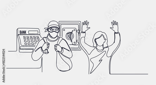 Bank robbery showing masked thief and hostage with raised hands, bank robbery scene. This tense bank robbery situation unfolds within financial institution, depicting crime, duress, and peril,