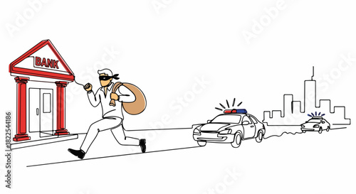 Bank robbery scene shows robber running from bank with a money bag. Bank robbery depicted with police cars giving chase and trying to catch running robber. Bank robbery represents crime and pursuit.