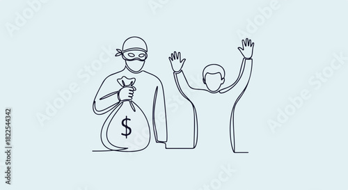 One line drawing of robbery scene showing thief holding money bag and victim with hands up. Single line robber shows victim surrendering, a crime scene.