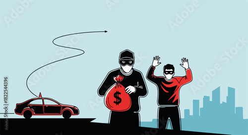 Crime scene investigation showing robbers and bag of money for crime. Crime is dangerous and not good for society, showing scene of criminals fleeing by car with bag of money.