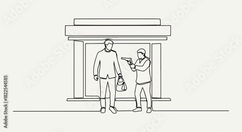 Criminal activity depicted with bank robbery scene featuring a robber pointing gun at person. Criminal activity demands attention and illustrates danger, with outline capturing tense bank robbery.
