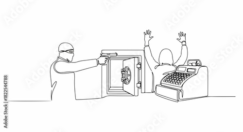 Continuous line drawing of robber aiming gun at cashier and vault. Depiction of armed holdup shows bandit threatening worker next to cash register and open safe.