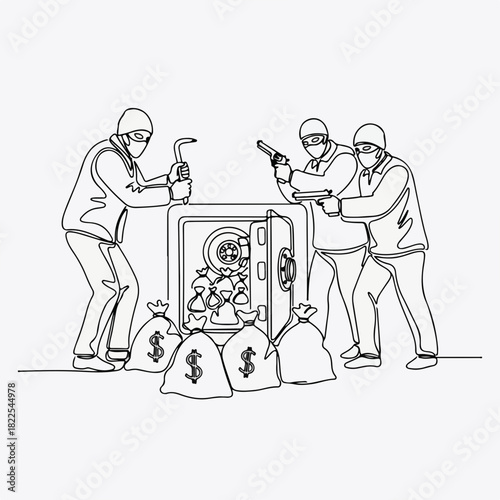 Continuous line drawing of three burglars stealing money from bank safe, bags of dollars lie on floor. Criminals planning a bank robbery. Burglars stealing money,