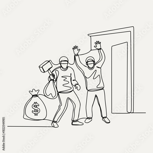 Single line drawing of bank robbery scene with two burglars caught. Bank robbery in progress includes masked figures with cash bag and sledgehammer, hands up.