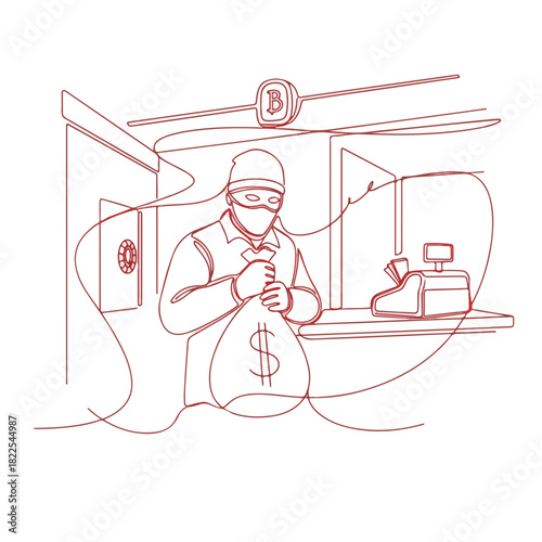 Illustration depicting a cybercrime scene featuring money theft with criminal holding bag of money in bank. Money theft represents a serious issue in digital finance.