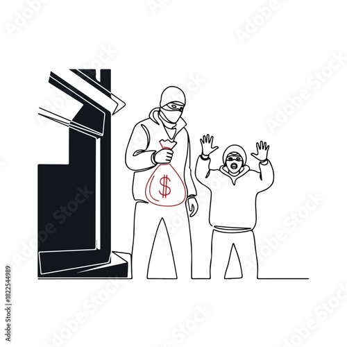 Criminal activity in progress, showing two people involved, one holding bag and another with raised hands. Criminal activity represents theft, robbery, and other forms of lawbreaking,