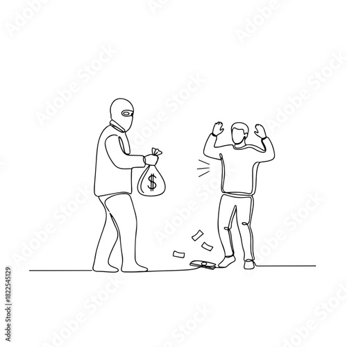 Crime scene shows thief holding money bag and victim with raised hands. Crime scene depicting armed robbery with falling wallet and terrified man.