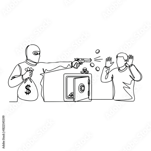 Bank robbery in progress, showing thief with gun pointed at victim near open safe. Bank robbery depicts scene of crime, money coins flying, and person's raised hands in air.