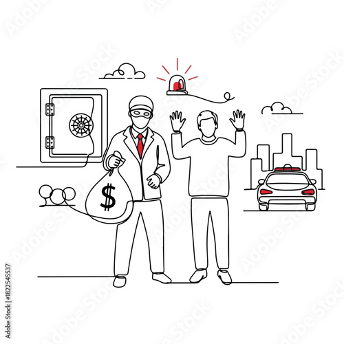 Bank robbery illustrated in thin line style features robber holding money bag. Bank robbery shows thief with dollar sign and man with hands raised near safe deposit box, along with flashing light.