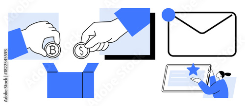 Exchanging currency, open box, email, and user rating digital content. Ideal for finance, online payment, delivery, communication, digital currency user interaction simple flat metaphor