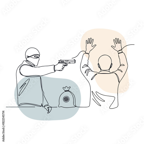 Continuous line drawing of bank robbery, featuring masked robber holding handgun pointing at frightened hostage. Concept of bank robbery,
