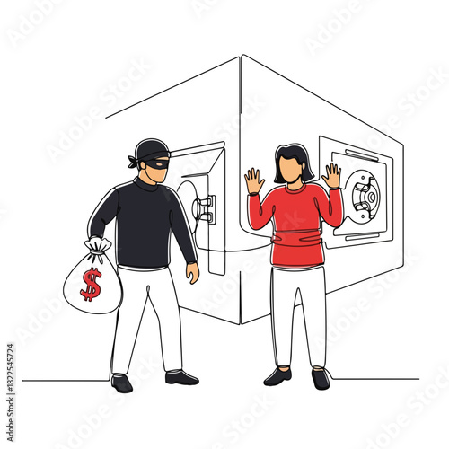 Thief with money bag threatens person near safe, during robbery. Robbery at bank with scared person and thief who holds money bag in single line. Robbery shown with criminal who threaten victim.