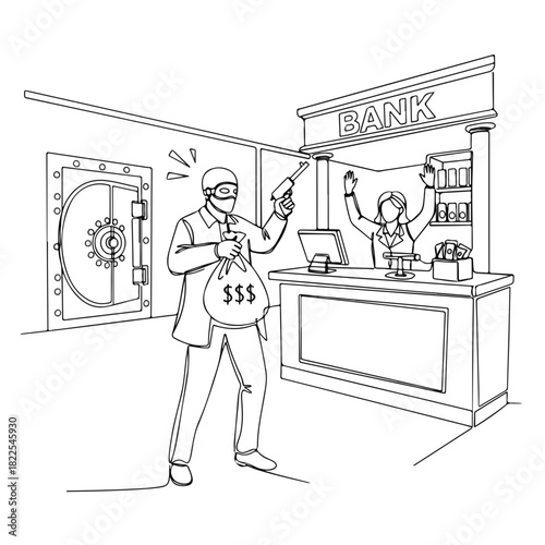Bank robbery scene unfolds with robber brandishing gun and holding money bag at teller. Bank robbery action shown in a bank interior with frightened staff behind counter.