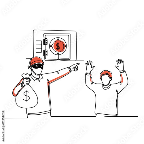 Bank robbery in simple line drawing with a thief pointing a gun at hostage. Bank robbery with moneybag and safe box illustrated using a single line. Bank robbery is a crime in real life.