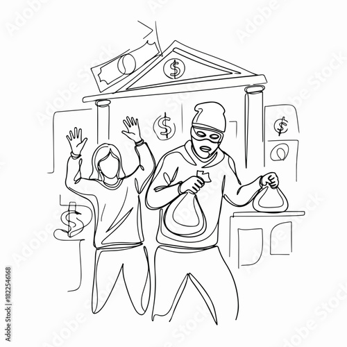 Bank robbery scene depicted with continuous line drawing of bank robbery. Bank robbery involves burglar in mask with bag.