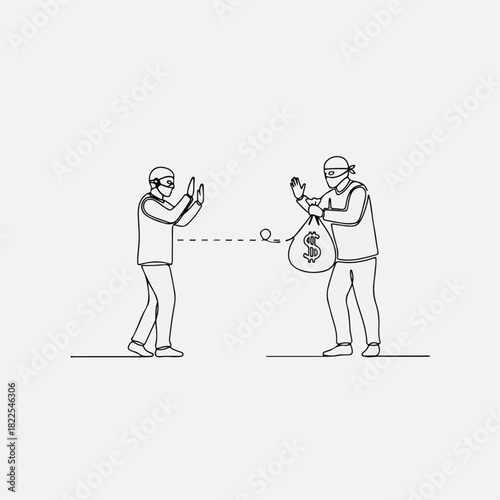 Single continuous line drawing of robber in mask aiming at man. Drawing portrays robbery in action and illustrates crime with money bag,