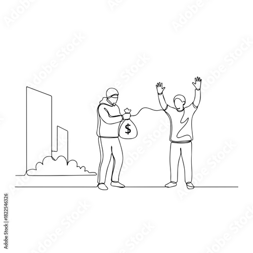 Continuous line drawing of robbery scene, with thief holding bag of money and victim hands up. Robbery taking place in front of modern buildings, minimalist style.