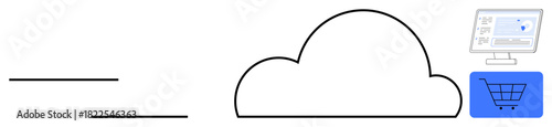 Cloud connecting e-commerce cart and computer, representing online storage, shopping, and data transfer. Ideal for digital business, e-commerce, technology, innovation, connectivity cloud computing
