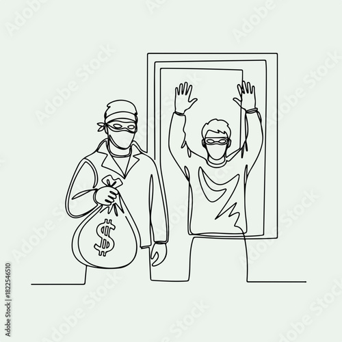 Crime line drawing illustration depicts masked robber holding money sack, victim surrendering. Single line art of crime is portrayed as a theft scene with surrender.