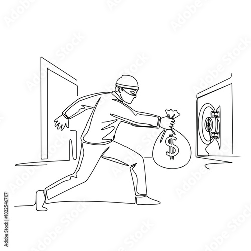 One line drawing of thief running away after robbing bank safe with sack of money, single continuous line. Thief steals cash, one line illustration of thief running away with money sack.