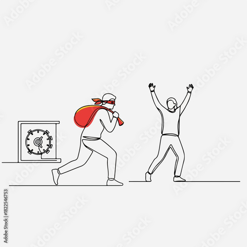 Line art illustration of robbery scene. A robber with a bag is running from victim in this robbery scene. Concept of robbery scene for business presentations, creative advertising,