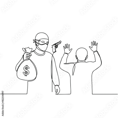Continuous line drawing of a robbery scene with bandit holding a sack and victim raising hands, creating suspense. Robbery illustration depicts crime and lawlessness in society.