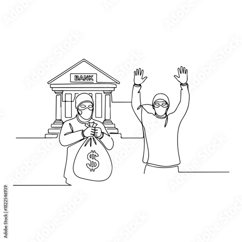 Bank robbery single line drawing depicting criminal holding money bag and another arrested, illustrating bank robbery. Bank robbery concept showing crime scene, and a line art.