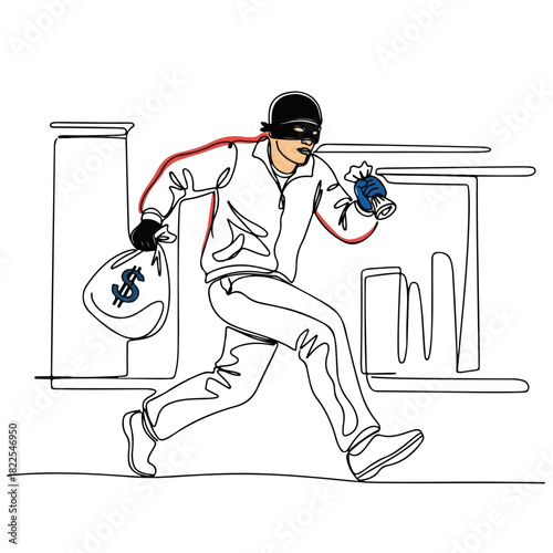 Thief running with money and bag marked with dollar sign, depicting a thief running through city in continuous line style.