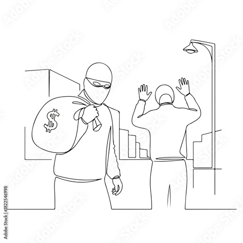 Criminal activity depiction in one line shows masked thief with money bag and man held up. Criminal activity needs immediate action and justice in society.