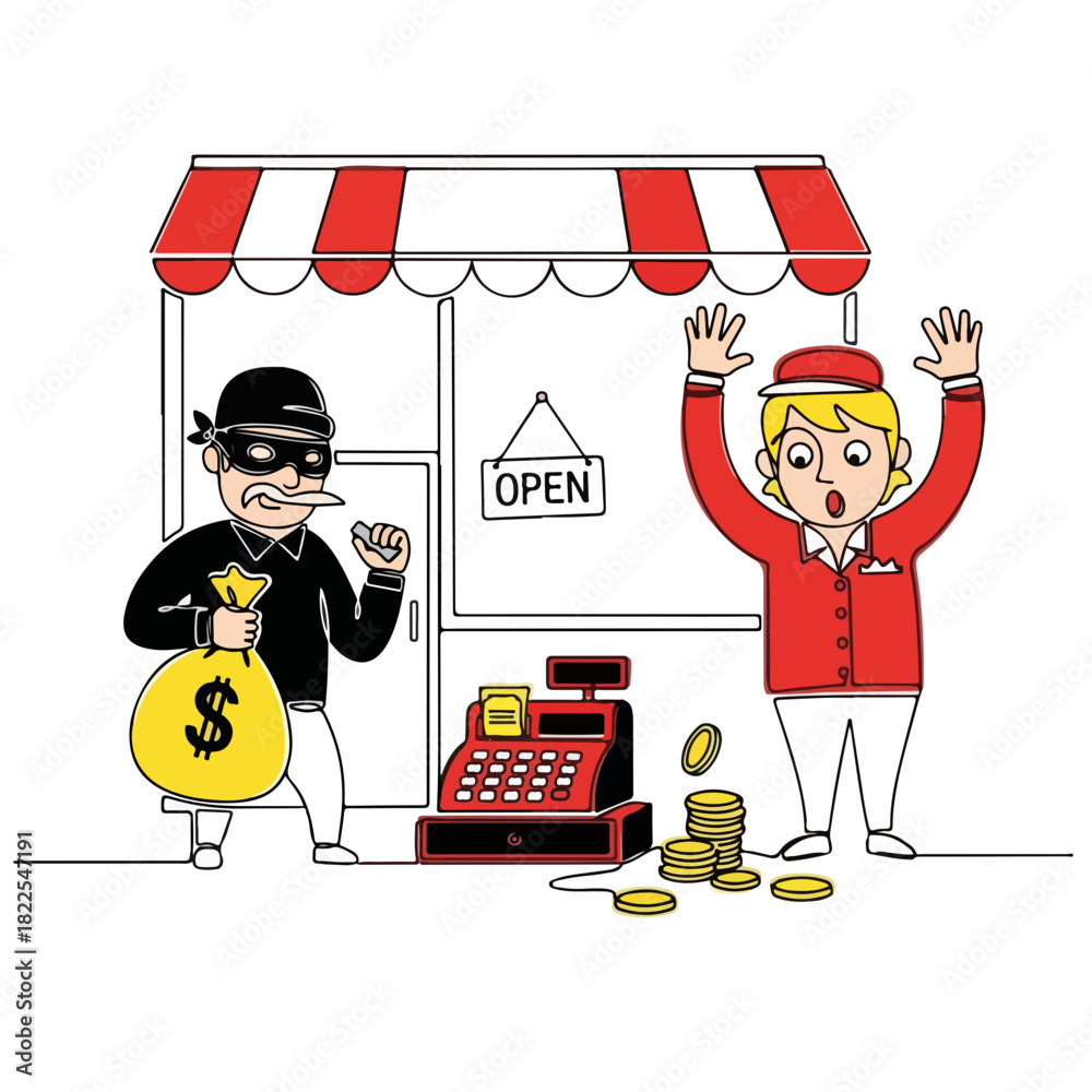 Obraz premium Robbery at store shows thief holding bag of money and cashier with hands up, illustrating crime. Robbery scene depicts burglar grabbing cash, while employee is surrendering, emphasizing crime.
