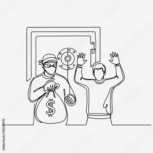 Illustration of a bank robbery scene, line drawing of a bank robbery with burglar and hostage. This bank robbery drawing is a simple continuous line, capturing drama and tension.