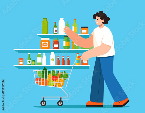Person grocery shopping, pushing a cart with fresh produce, selecting products from supermarket shelves. Flat vector illustration of consumerism.