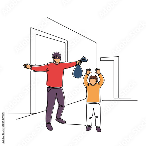 Continuous line drawing of a robbery, with masked thief holding a bag and child with raised hands. Robbery presents a tense standoff, capturing dramatic confrontation.