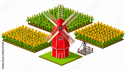 Isometric Red Windmill Farm Scene with Golden Wheat and Green Corn Crops