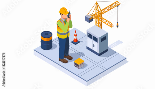 Isometric construction worker in hard hat and safety vest talking on walkie-talkie at industrial site with crane, drum, and equipment.