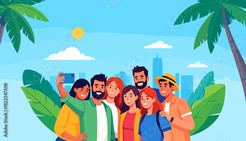 Happy diverse friends taking a selfie on tropical vacation with palm trees and city skyline background.