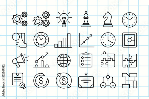 Hand-drawn business strategy, finance, and planning concept icons