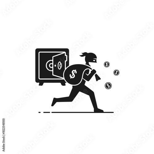 Thief running with money bag from safe, black silhouette. Thief running with money shows crime scene with escaped robber with sack of cash and coins, vector illustration.