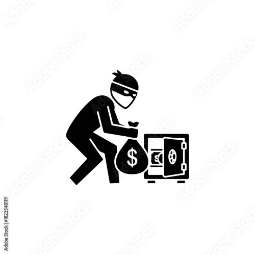 Thief illustration shows burglar in mask stealing money near open safe, thief. Thief concept focuses on crime and security violation, thief illustration conveys message about illicit activities.