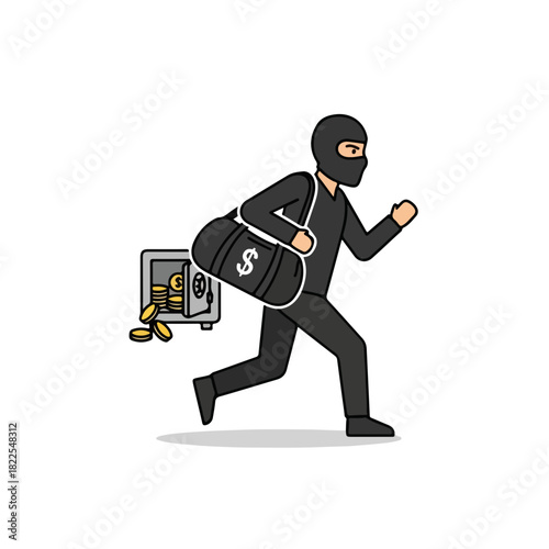 Illustration of robbery in action with a thief running from safe, holding a money bag. Robbery depicts a figure in mask running with stolen money.