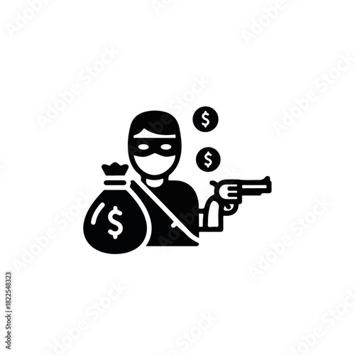 Illustrative robber holding gun with bag of money, concept robber icon for design projects. Depiction of robber icon with a menacing posture, bag of money, gun emphasizing criminal activity.