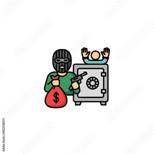 Bank robbery scene with safe and masked criminal holding gun and bag with dollar sign, symbolizing financial crime. Bank robbery illustration for crime awareness, emphasizing illegal activity.