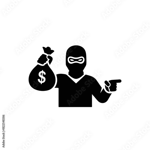 Burglar icon shows masked figure holding bag of cash, representing illegal activity. Burglar demonstrates theft of wealth, pointing his finger as if giving instructions.