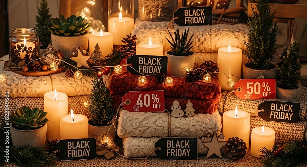 Fototapeta premium Black Friday sale display with candles blankets and discount tags offer promotion