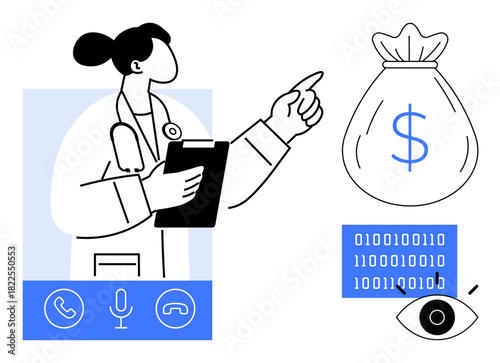 Female doctor holding a clipboard, interacting with elements thumbs up money bag, binary code, call icons, and eye graphic. Ideal for telemedicine, healthcare cost, finance, technology data